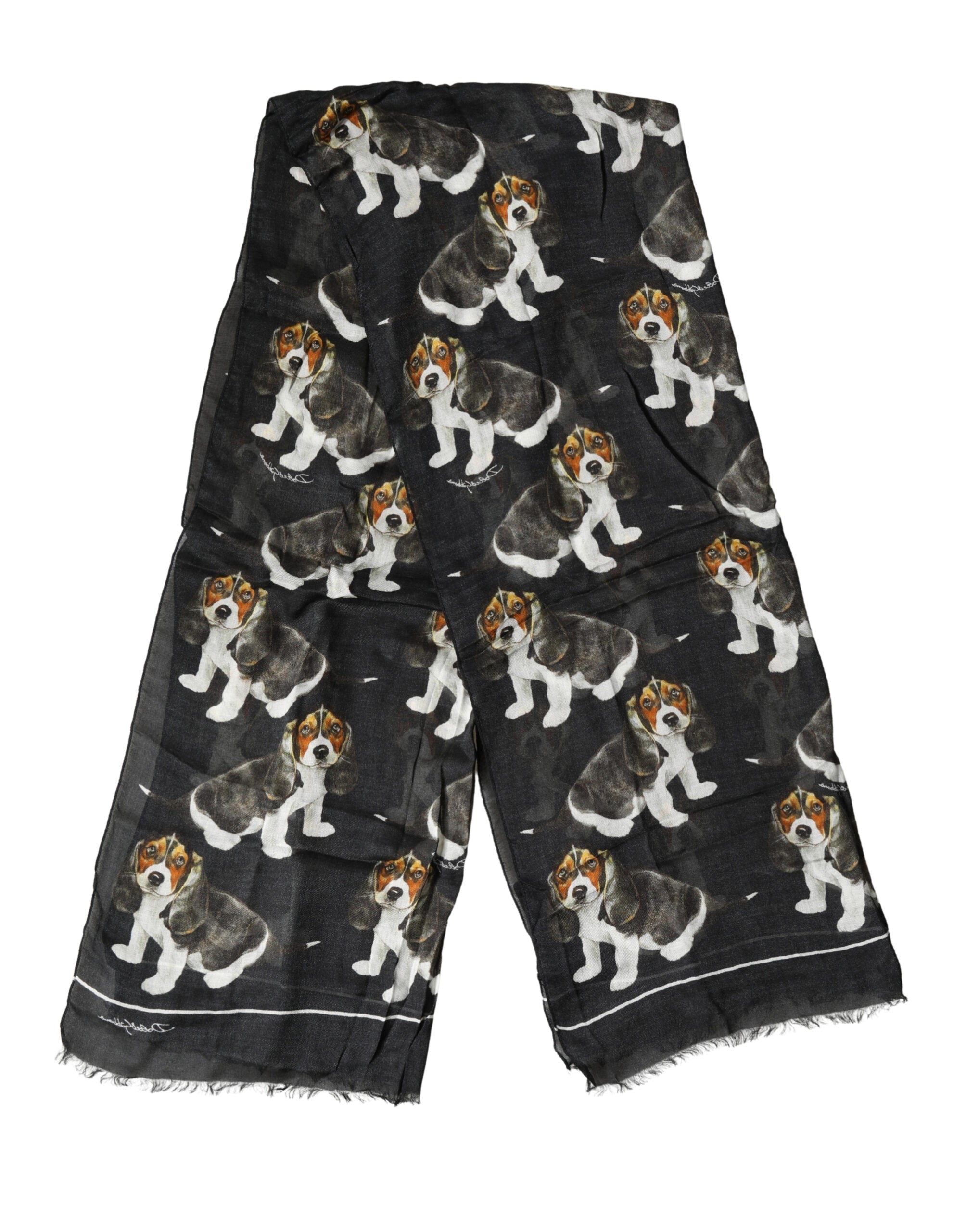 Black Modal Wool Dog Print Fringed 178cm x 64cm Scarf