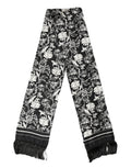 Black White Silk Floral Print Fringe 136cm X 15.5cm  Scarf