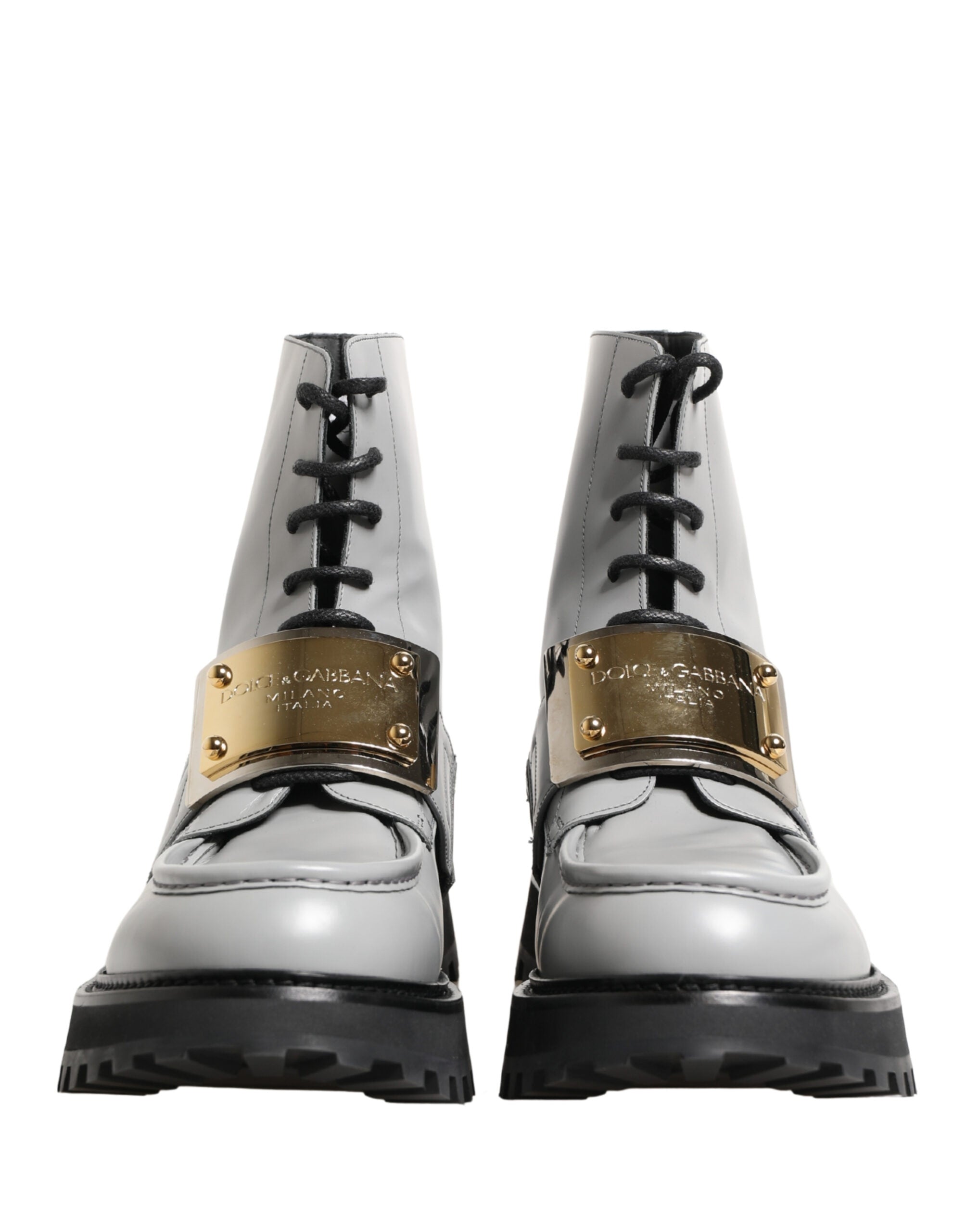 Gray Leather Logo Plaque Ankle Boots Shoes