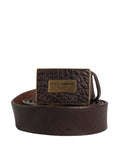 Men Brown Calf Leather Logo Metal Buckle Belt