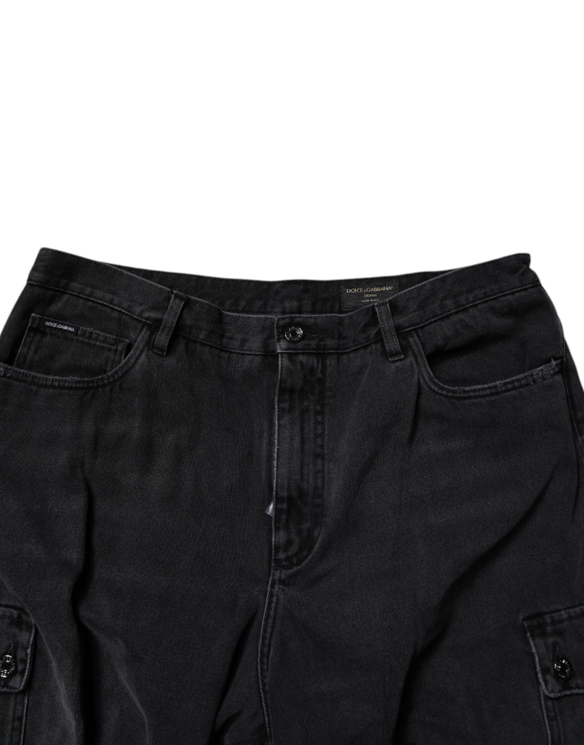 Black Mid Waist Denim Cargo Bermuda  Shorts