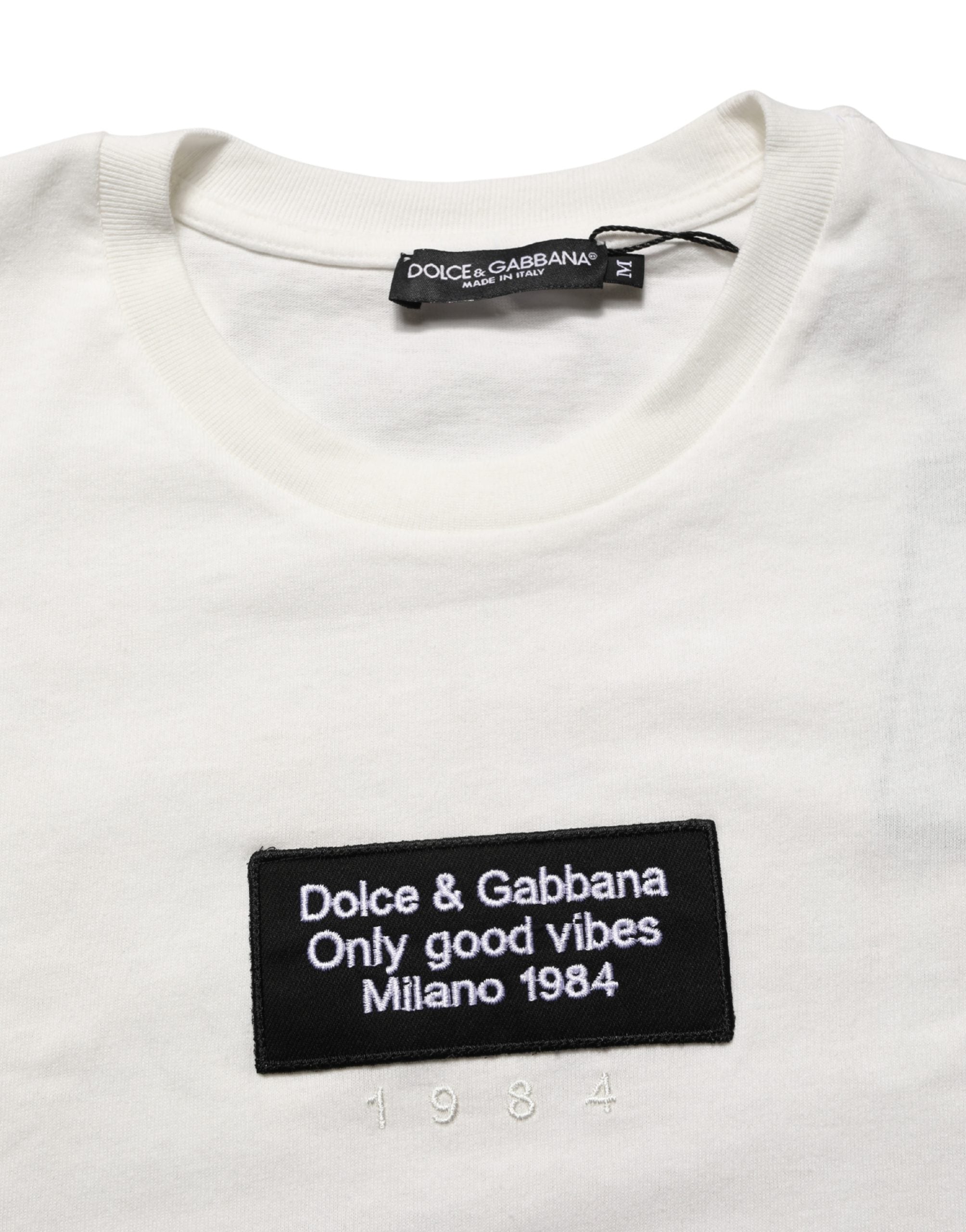 White Logo Patch Cotton Men Crew Neck  T-shirt