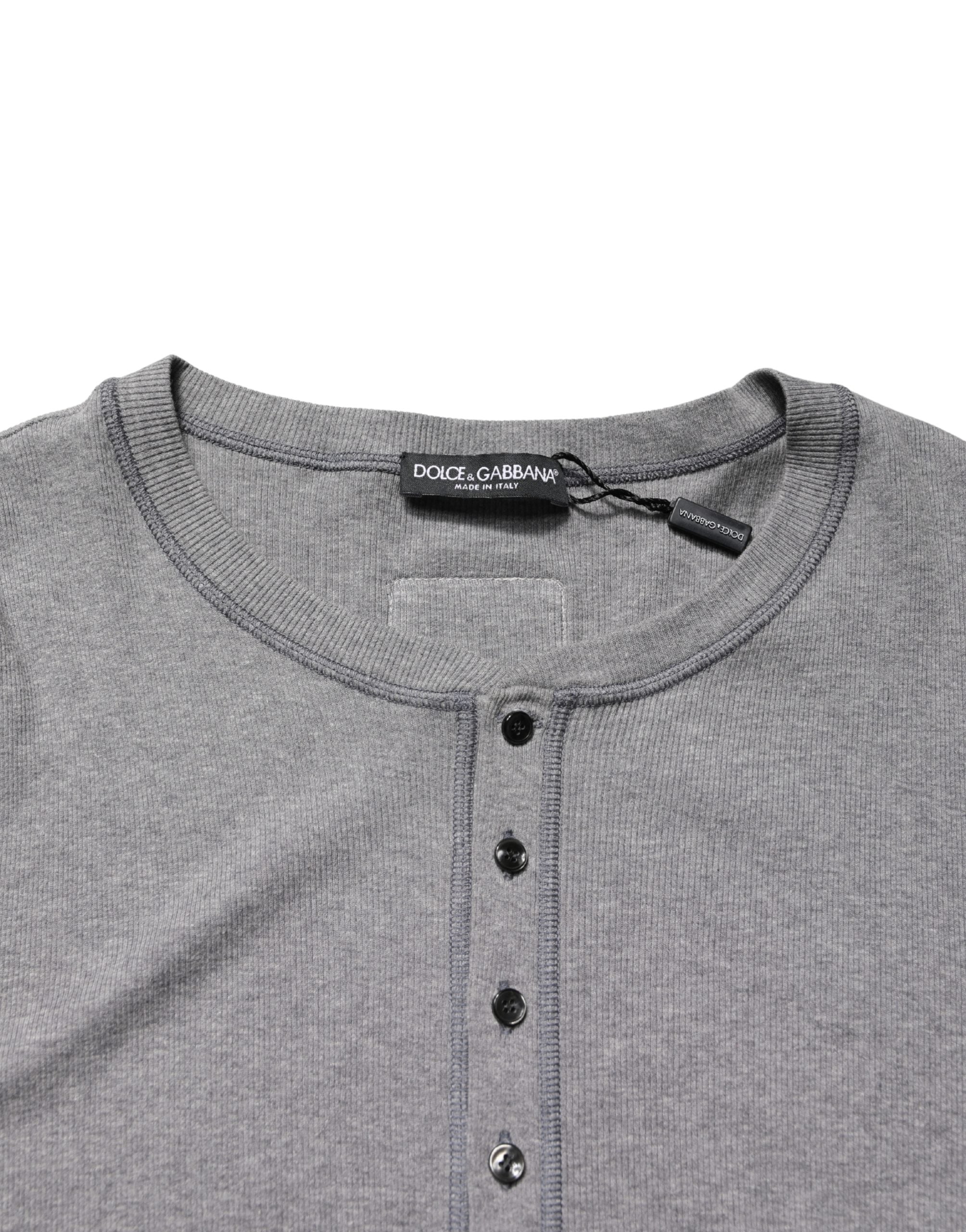 Gray Ribbed Cotton Long-Sleeve Henley  T-shirt