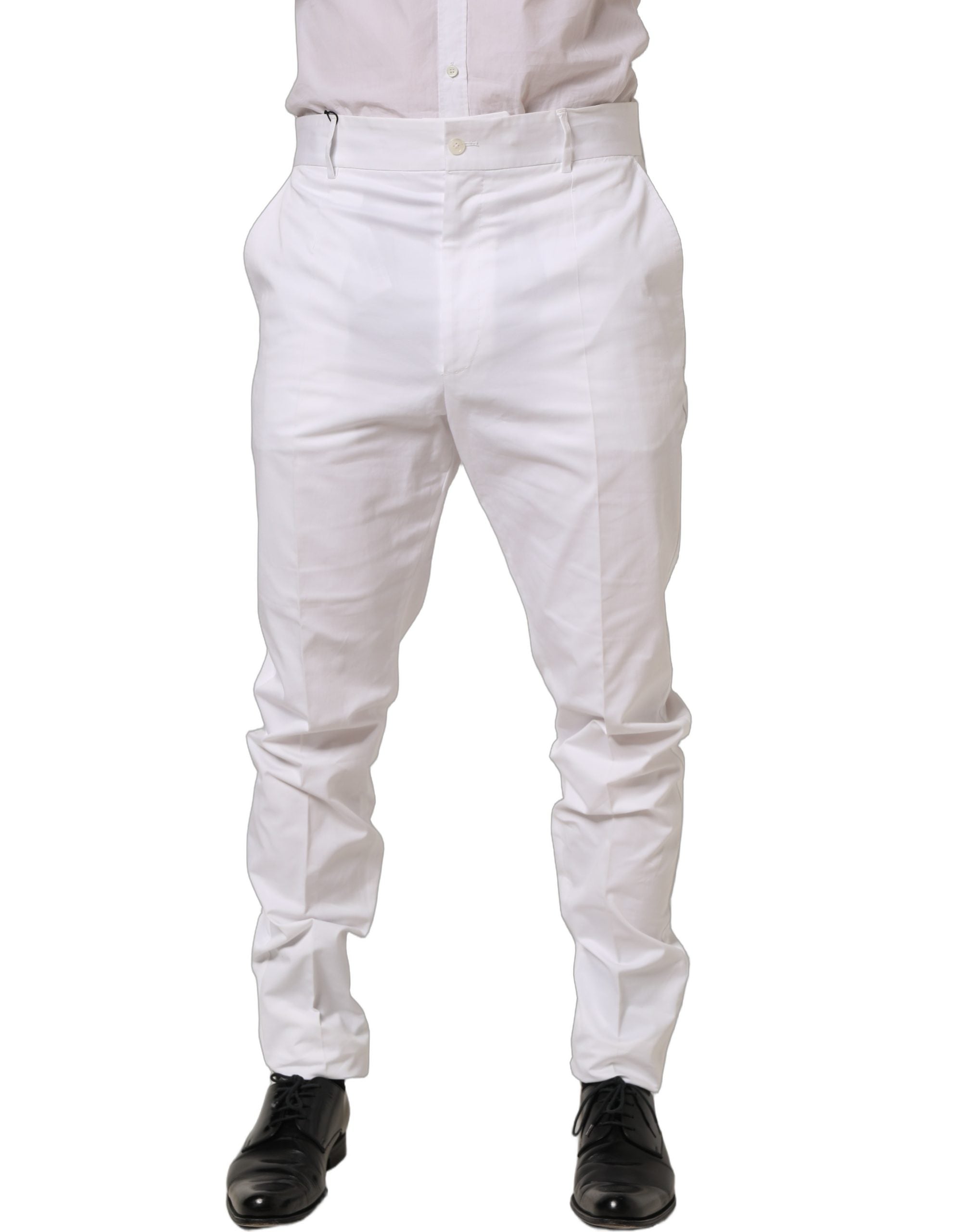 White Cotton Tapered Leg Dress Trouser Pants