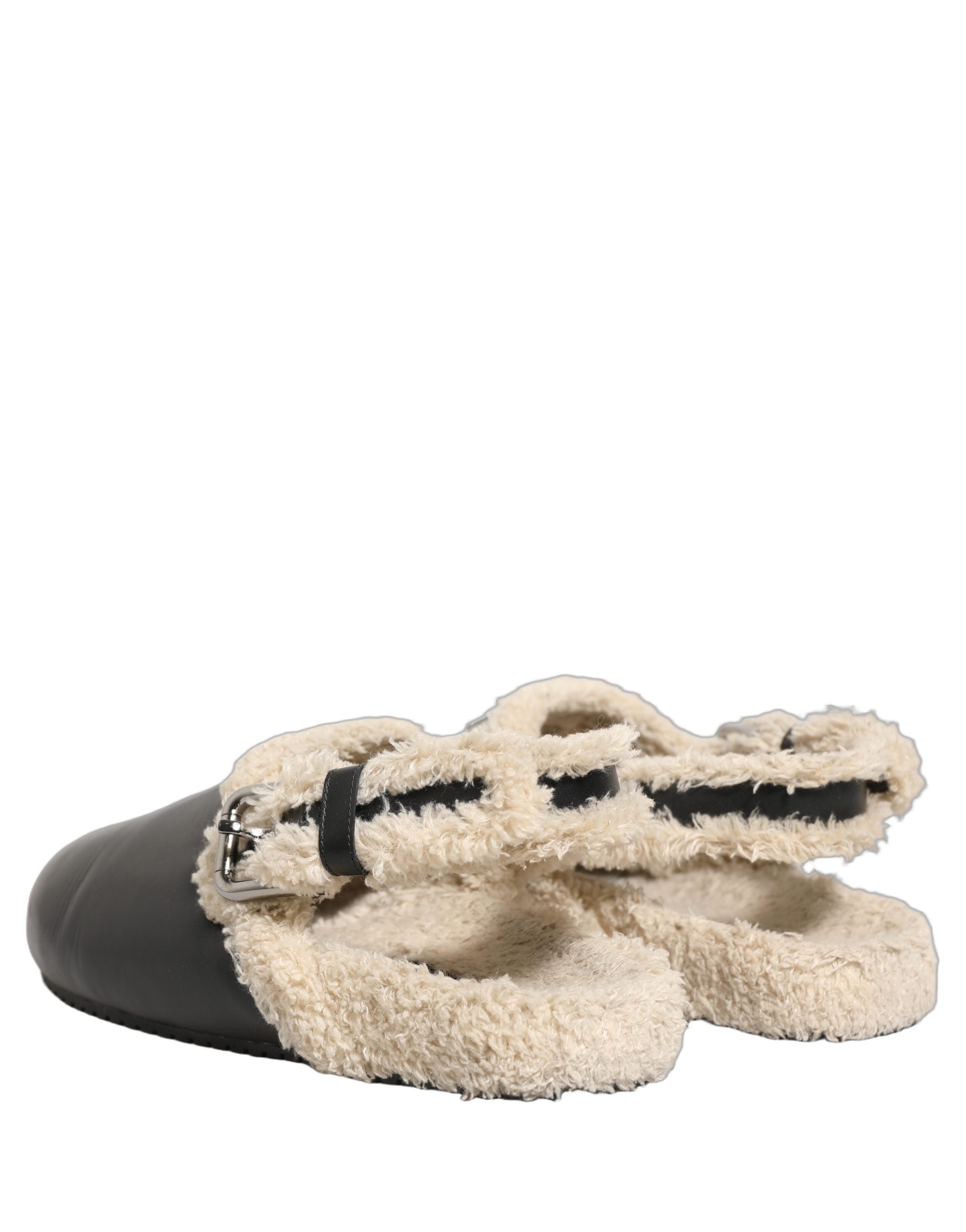 Beige Black Fur Shearling Slides Sandals Shoes