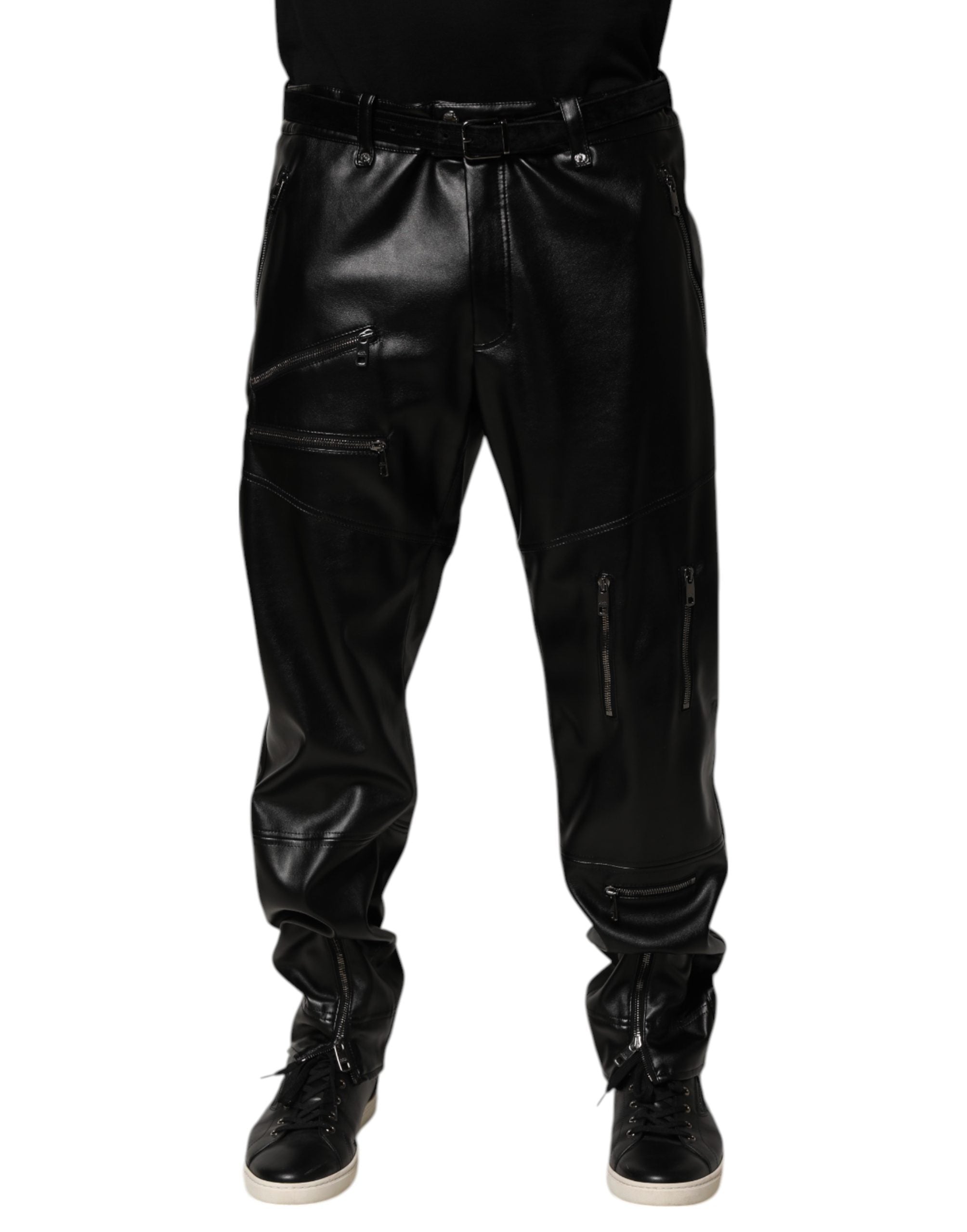 Black PU Leather Zipper Men Trouser Pants