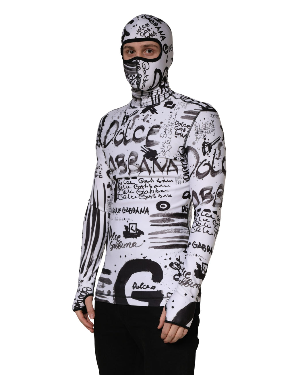 White Jersey Graffiti Print Balaclava Hood Sweater