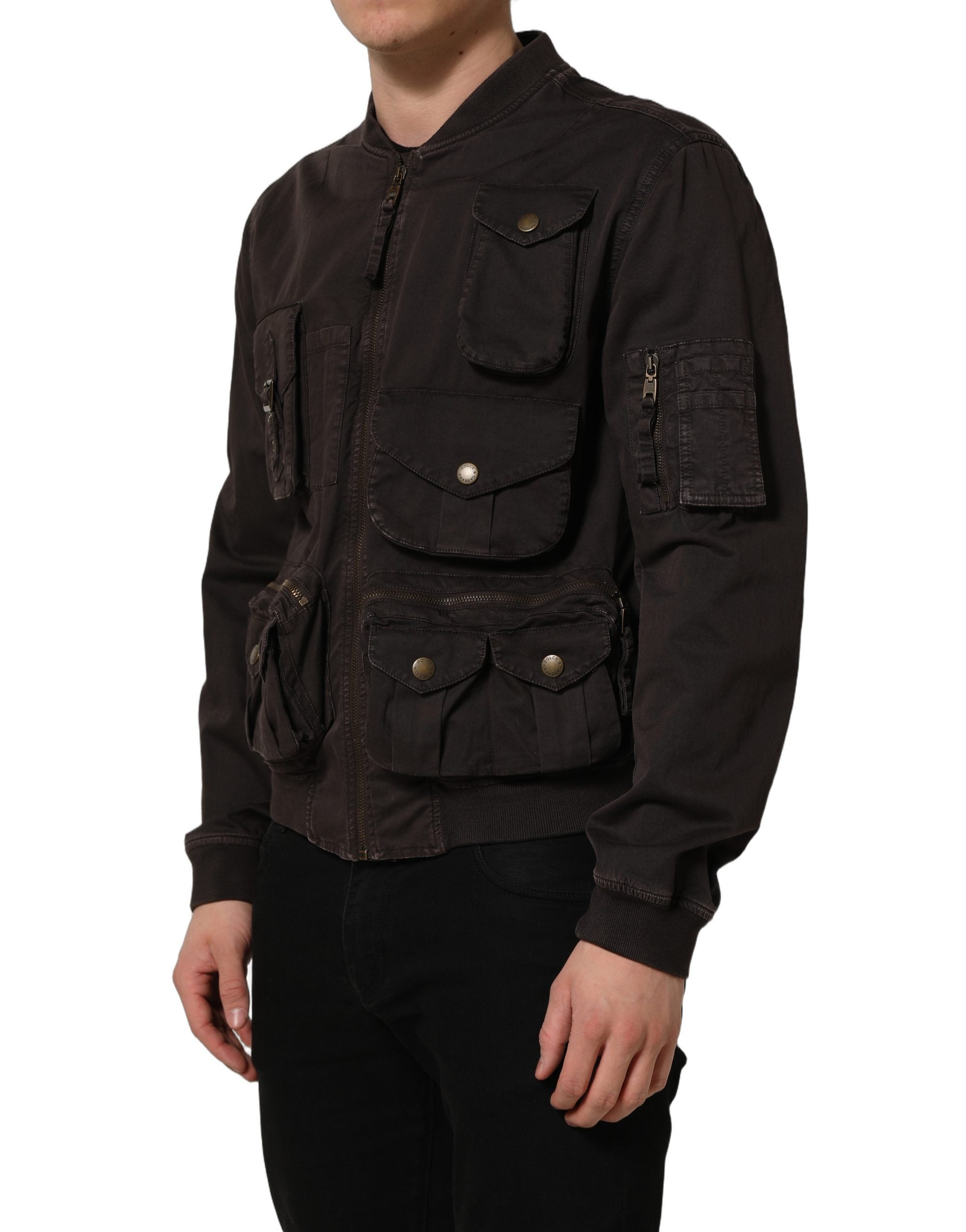 Brown Cotton Full Zip Men Bomber Jacket