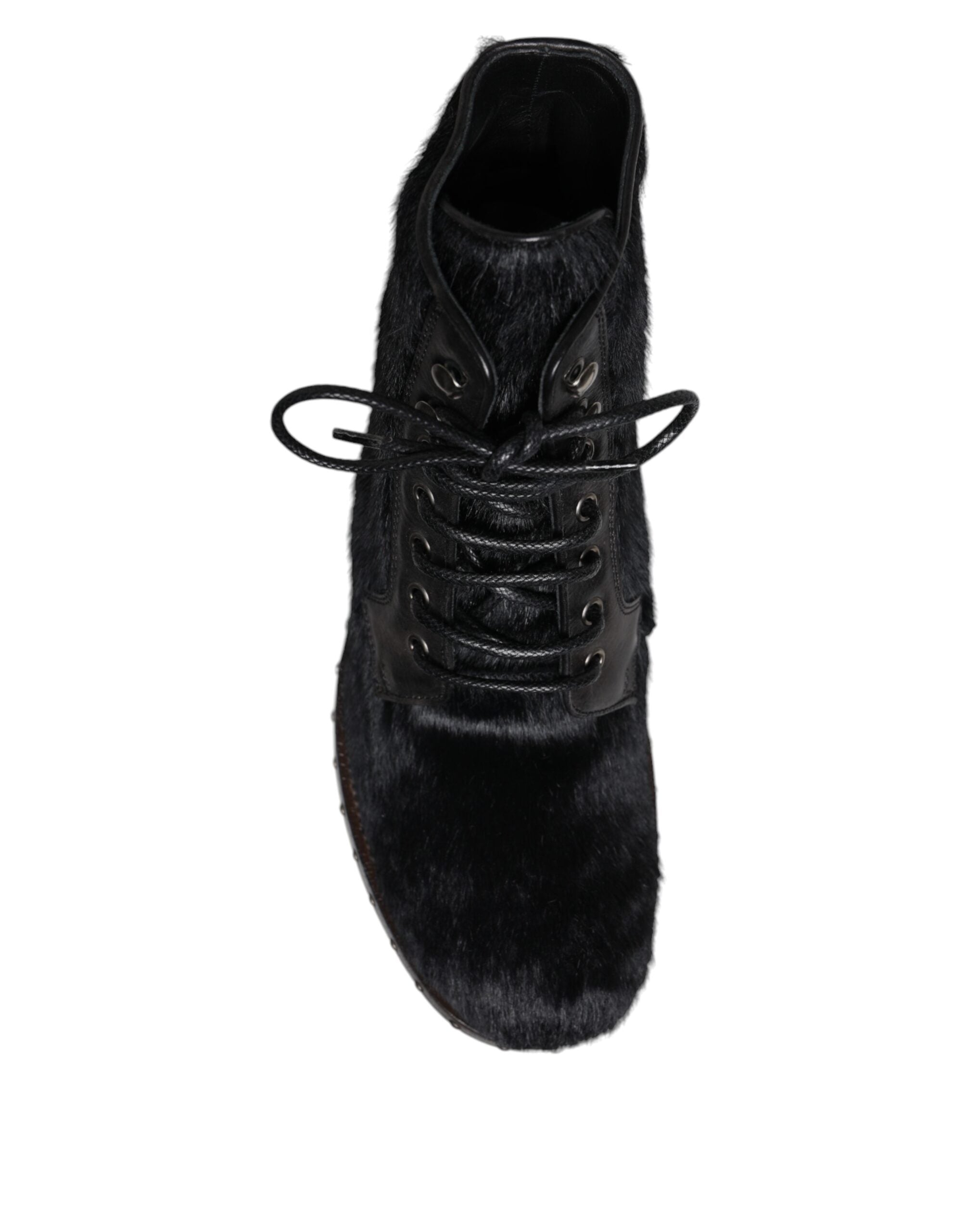Black Pony Style Leather Mid Calf Boots Shoes