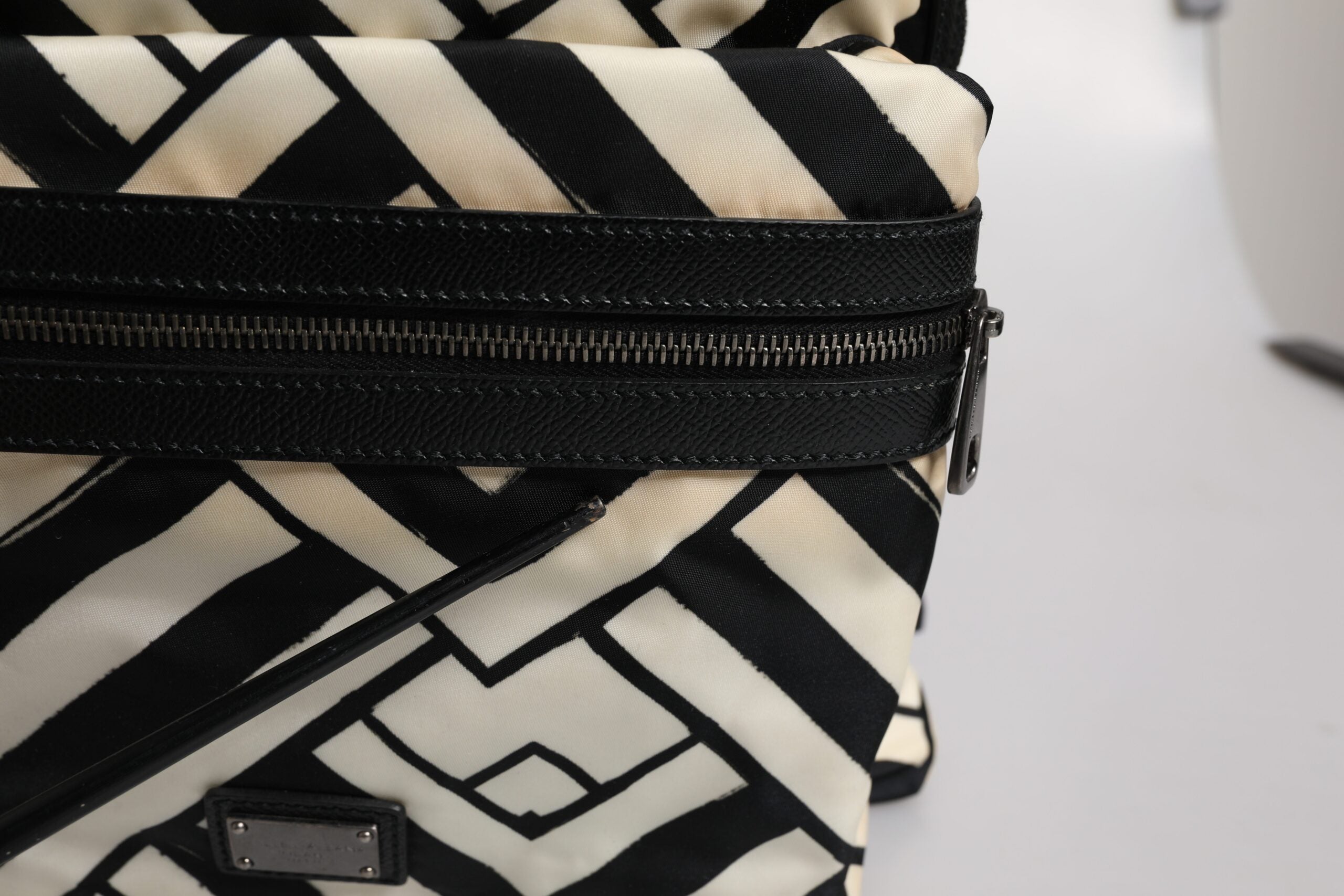 Black White Nylon Leather Travel Back Pack Bag
