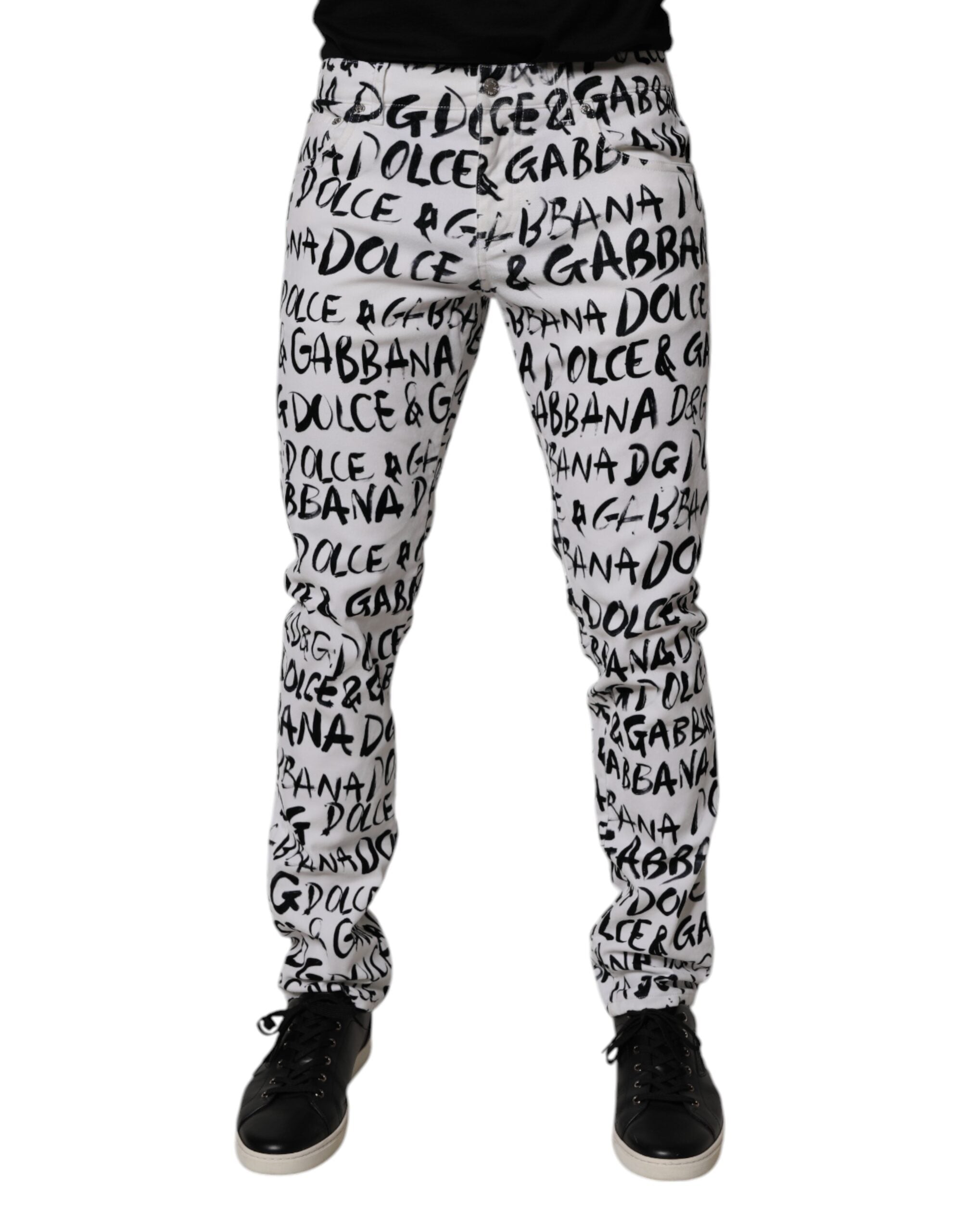 White Cotton Logo Print Skinny Denim Jeans