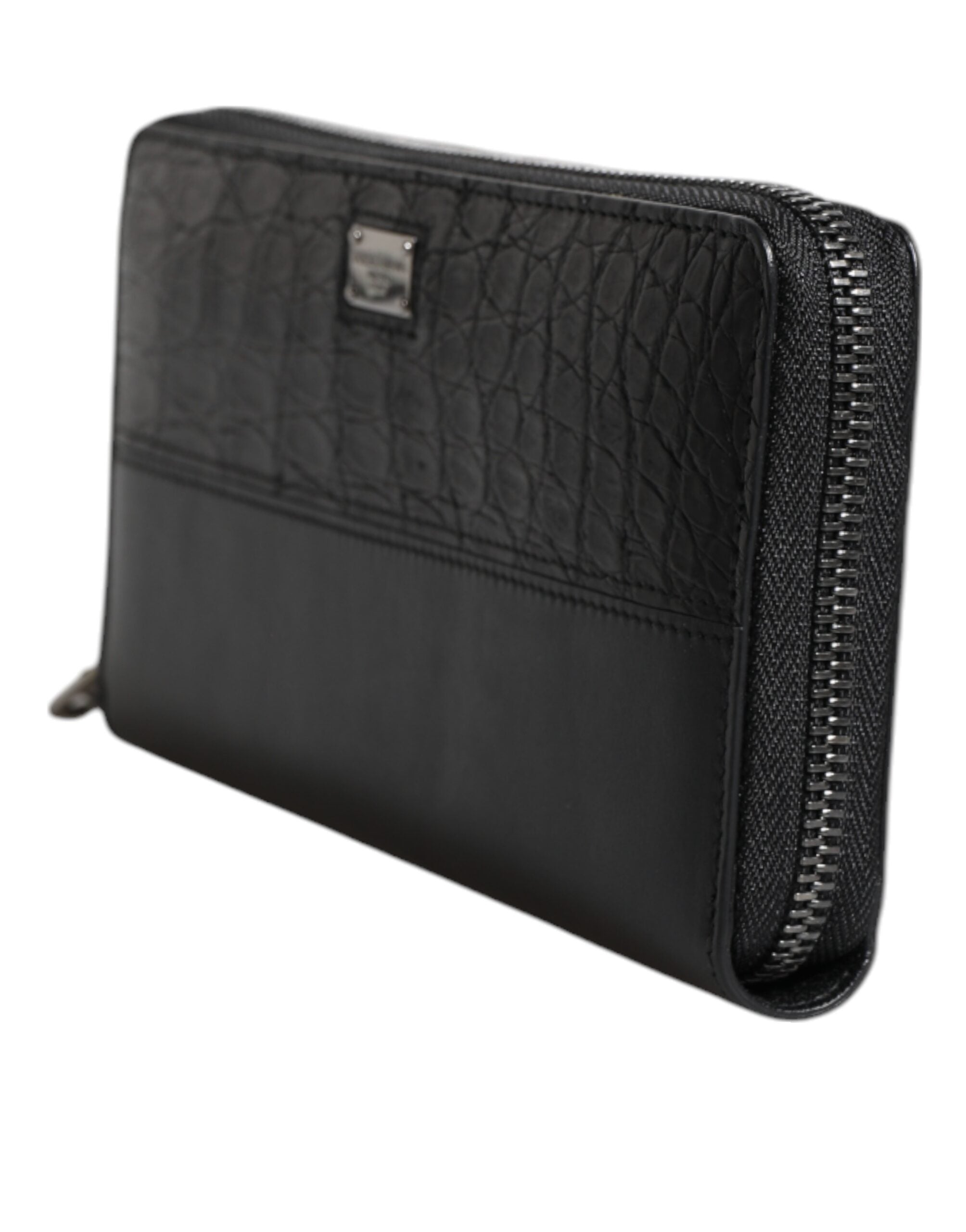 Black Leather Logo Plaque Zip Around Continental Wallet