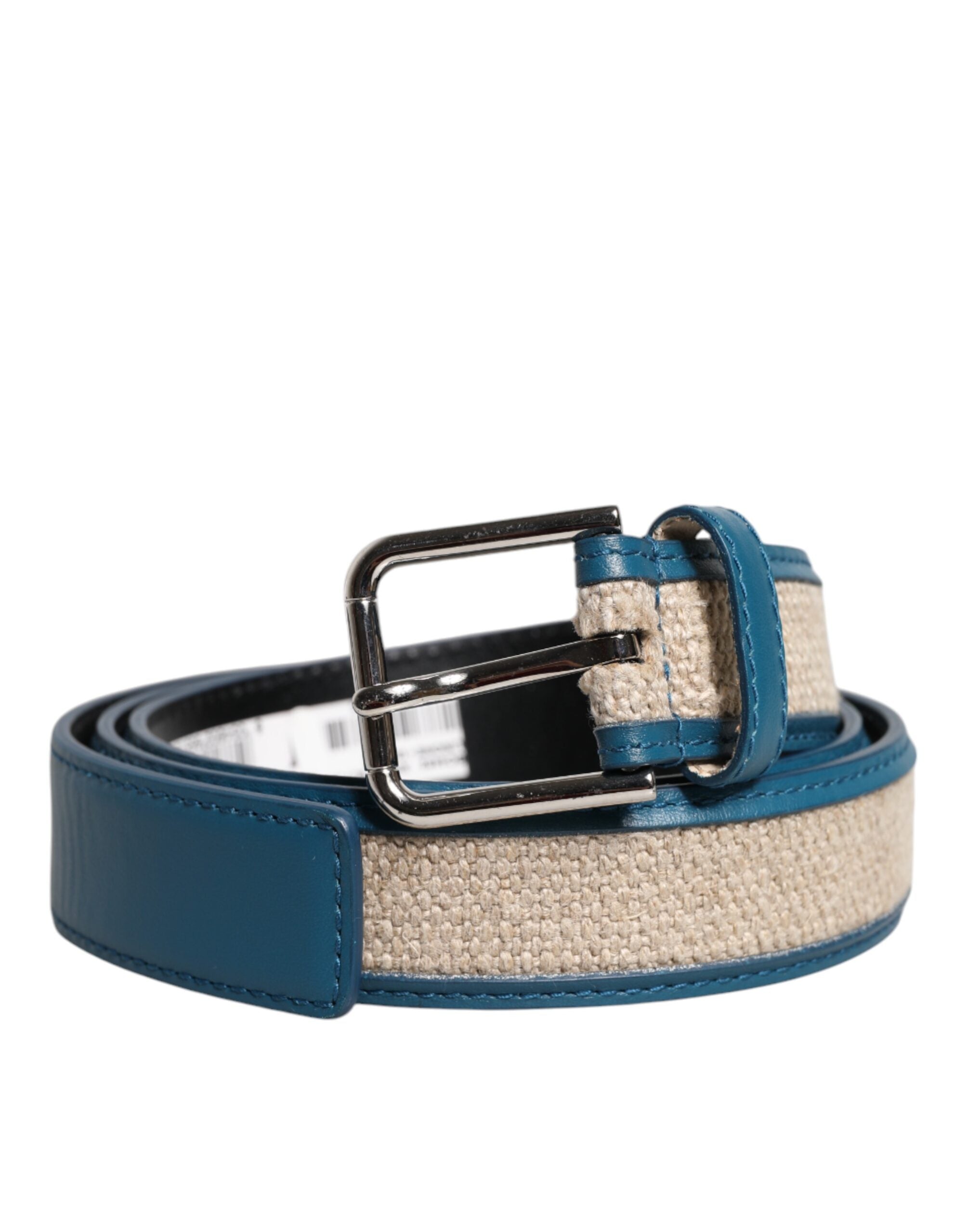 Blue Beige Leather Weaved Metal Buckle Belt