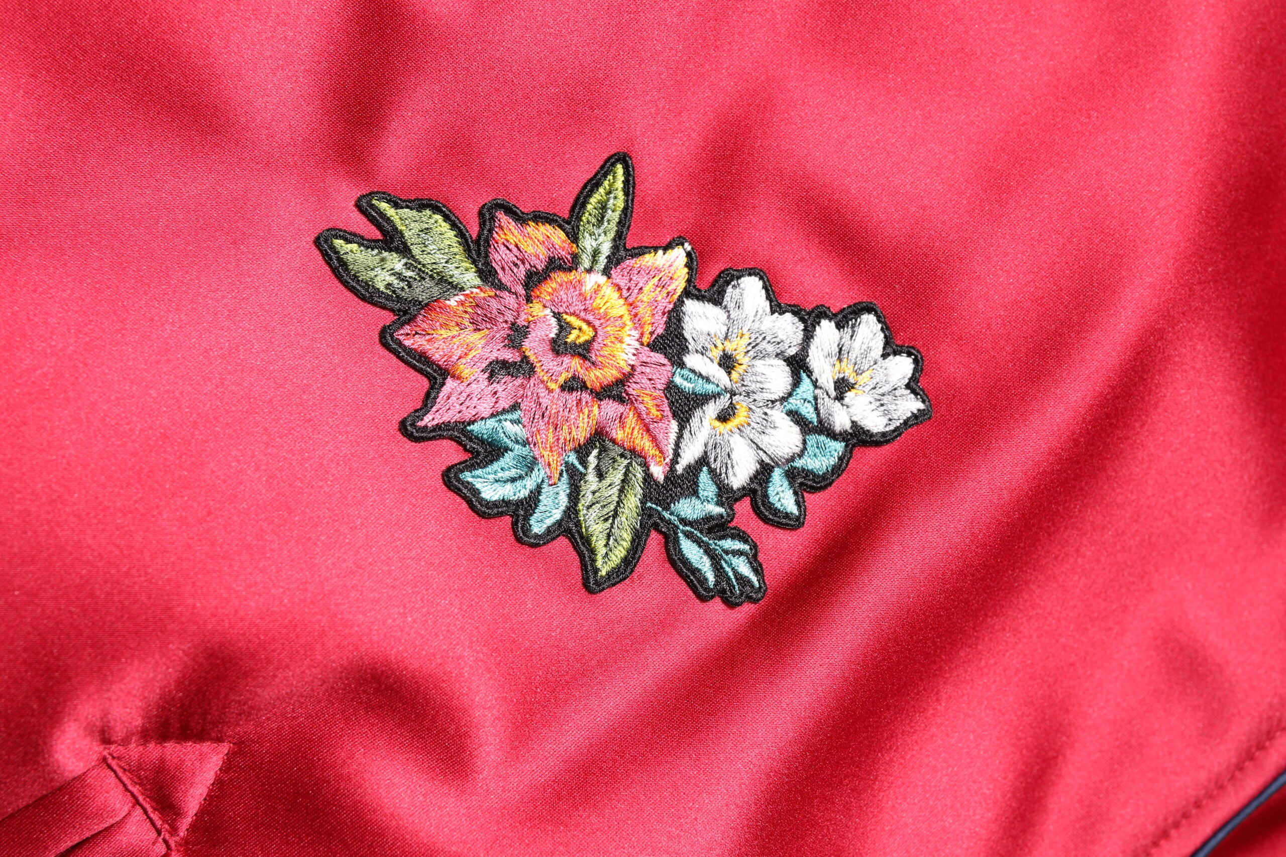 Red Floral Patch Full Zip Men Bomber Jacket