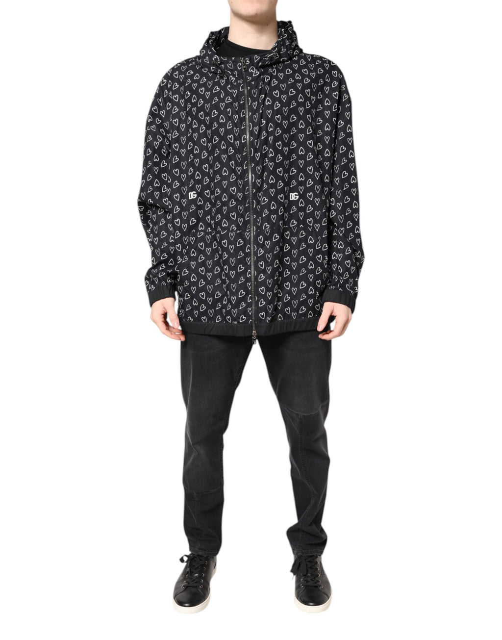 Black Heart Print Hooded Windbreaker Jacket