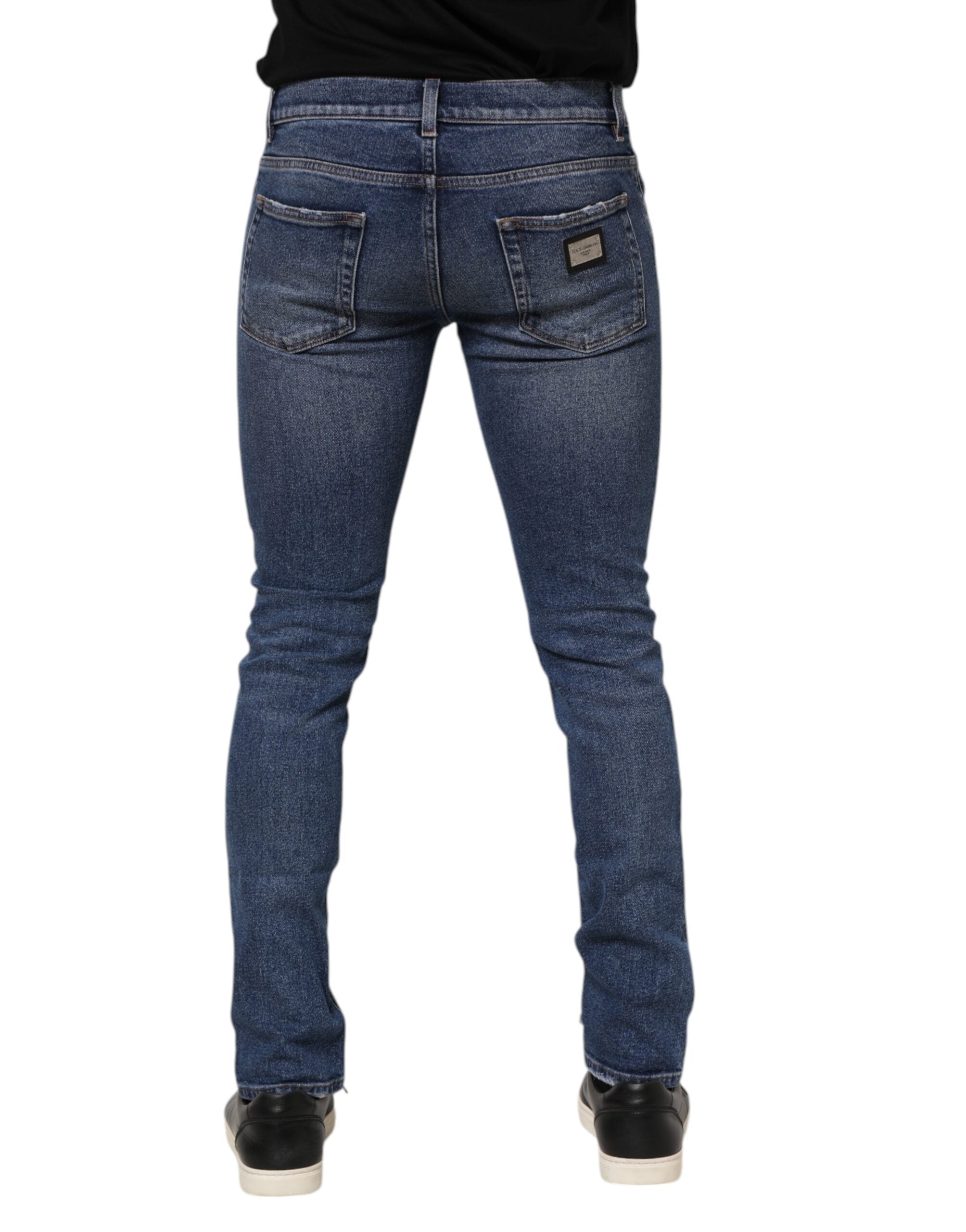Blue Cotton Logo Plaque Skinny Men Denim Jeans