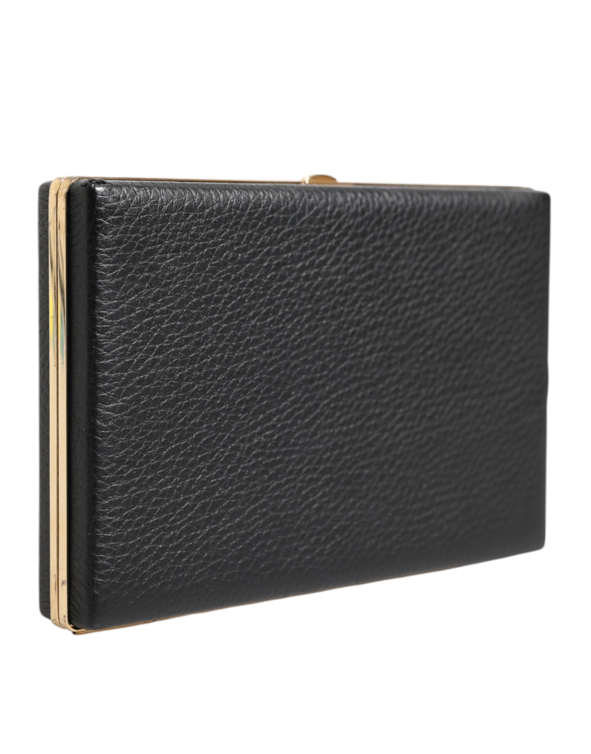 Black Leather Gold Frame Clutch Evening Party Purse Bag