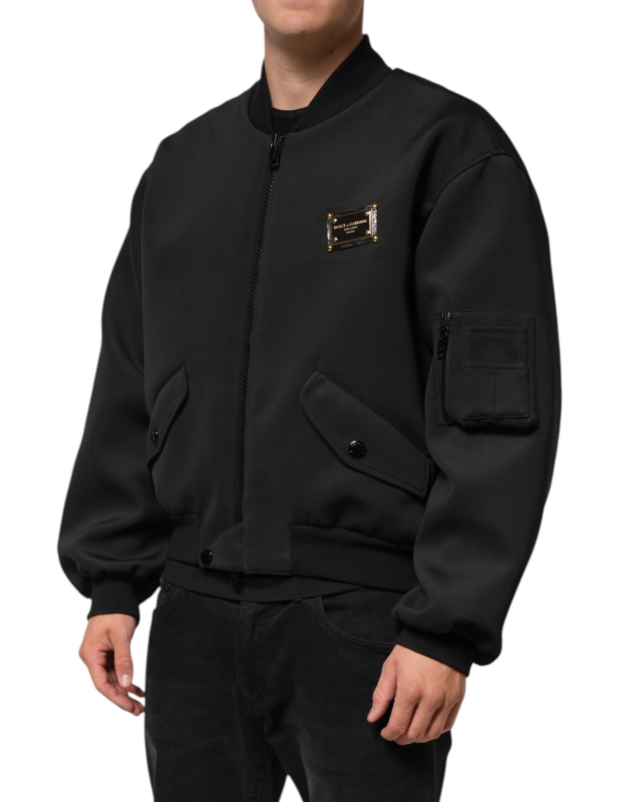 Black Polyester Logo Plaque Bomber Jacket