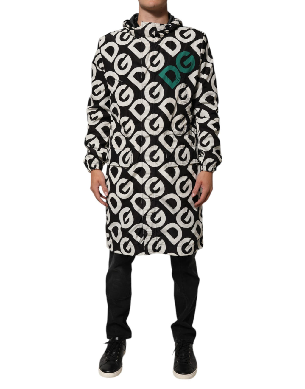 Black White Logo Print Hooded Coat Men Jacket