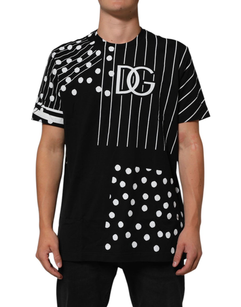 Black Cotton Polka Dots Round Neck T-shirt