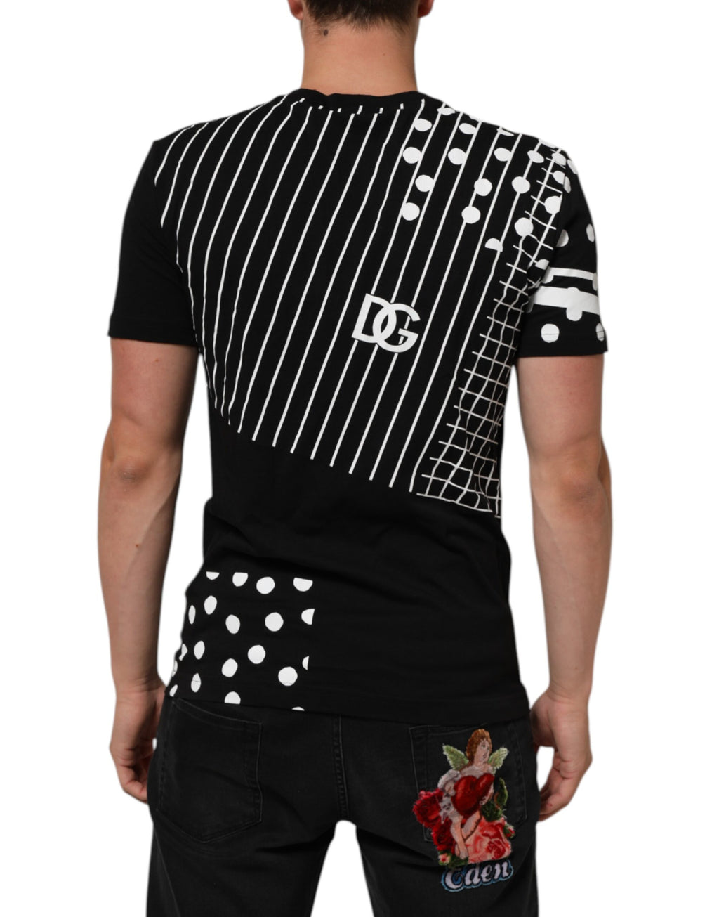 Black Cotton Polka Dots Round Neck T-shirt