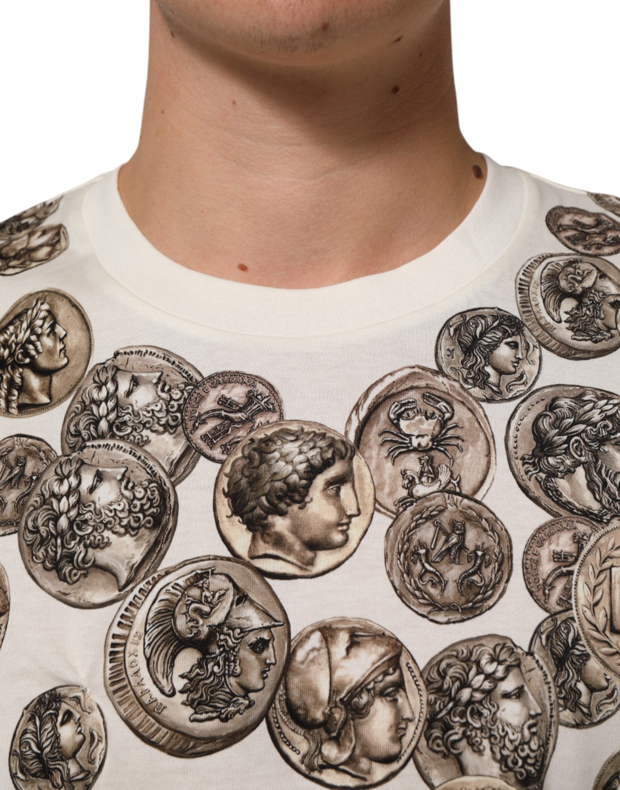 White Coin Print Cotton Crew Neck Men T-shirt