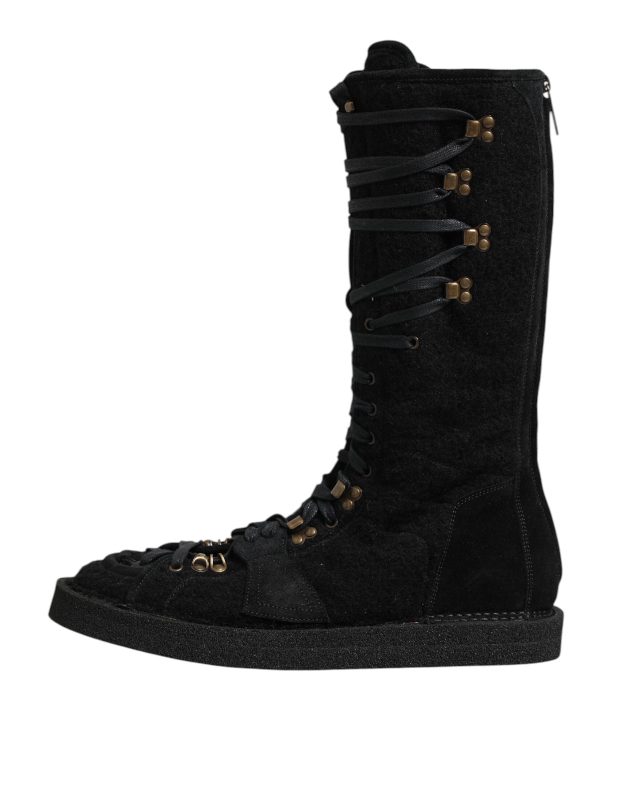 Black Alpaca Wool Suede Mid Calf Boots Shoes