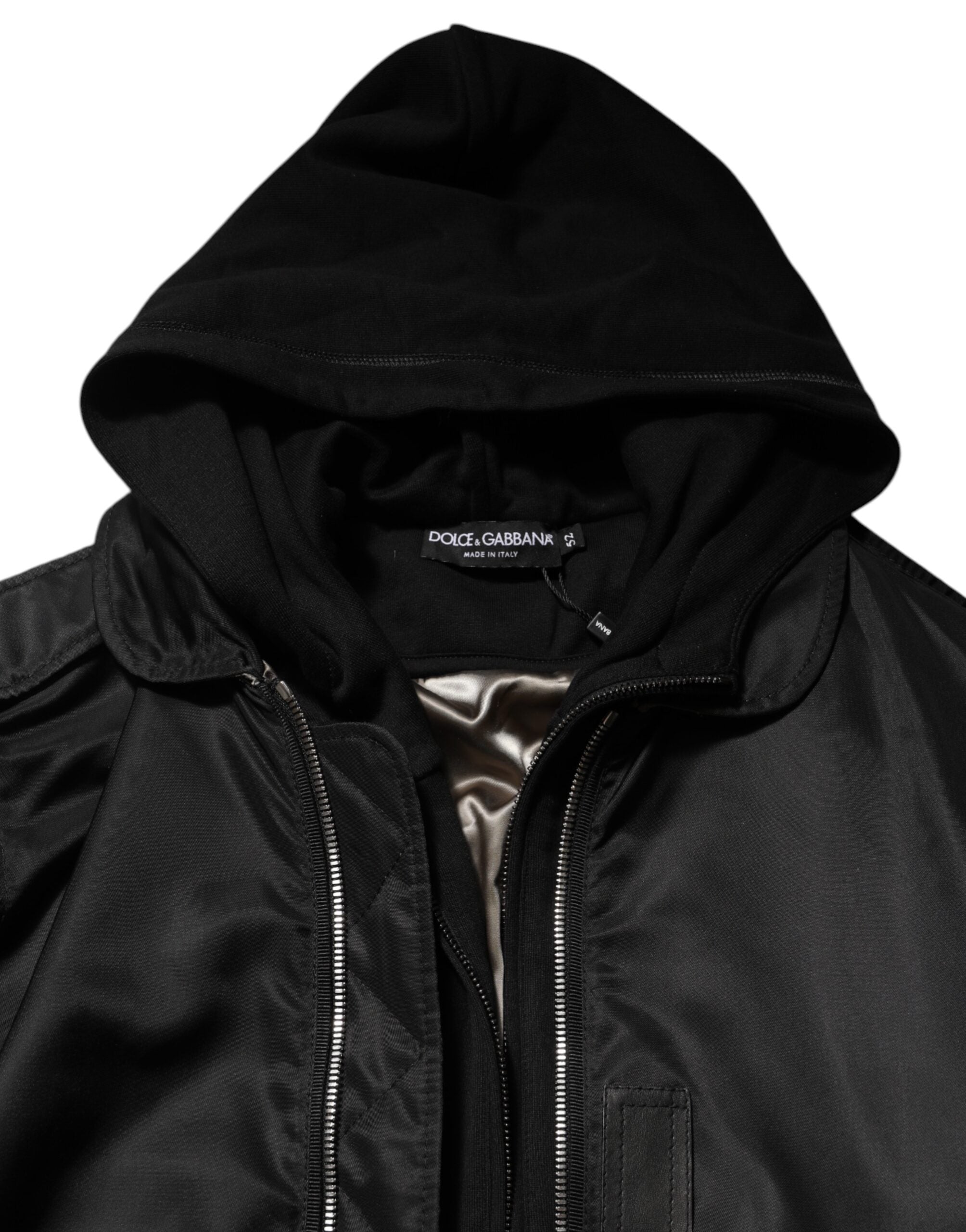 Black Cotton Hooded Full Zip Bomber Jacket
