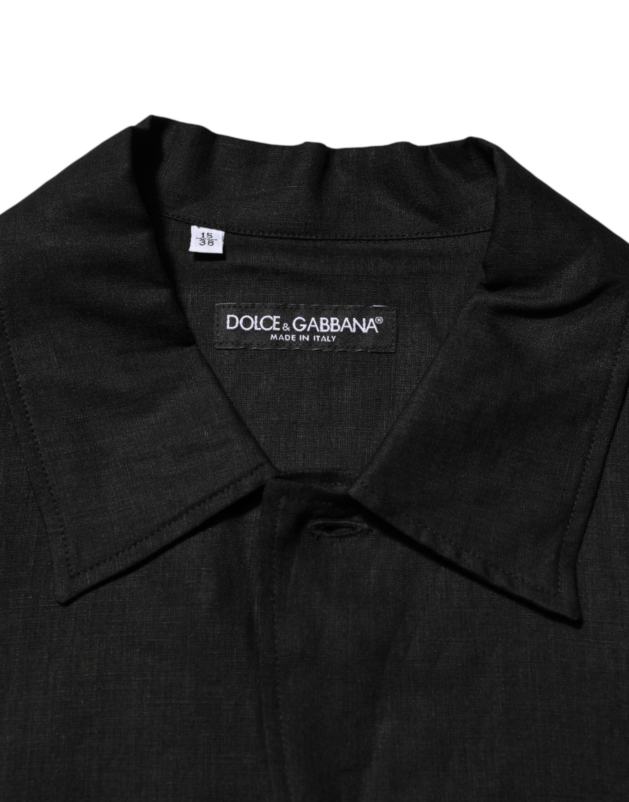 Black Linen Collared Short Sleeve Polo Shirt