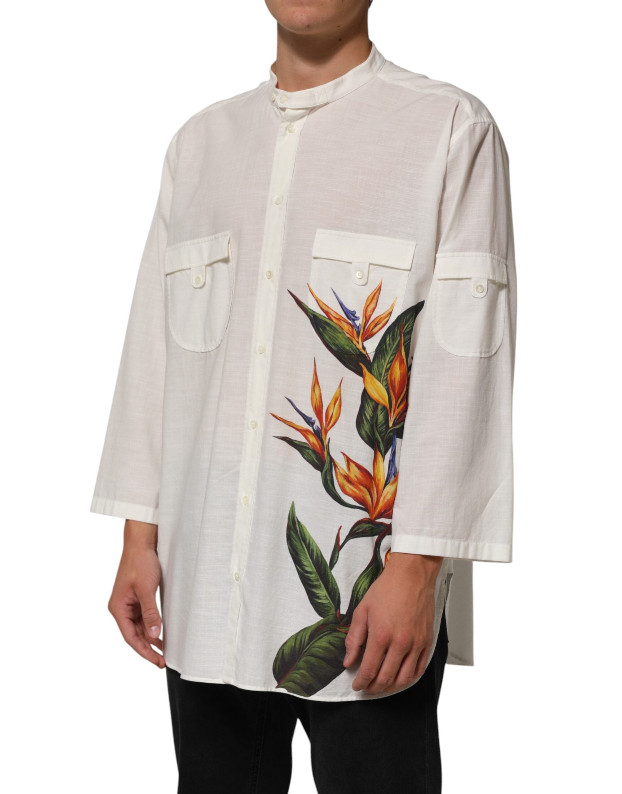 White Cotton Floral Print Button Down Shirt