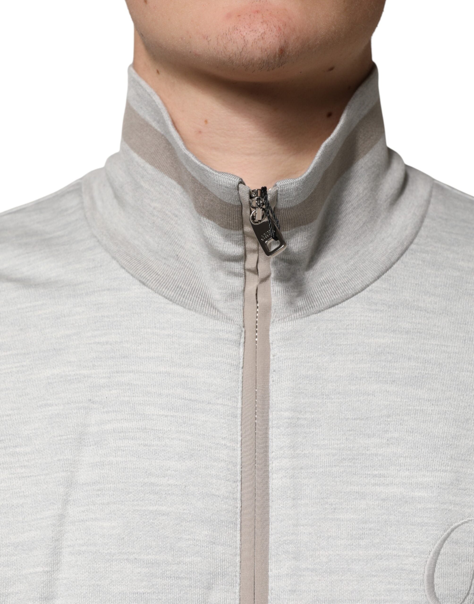 Light Gray Cotton Zipped Cardigan Sweater