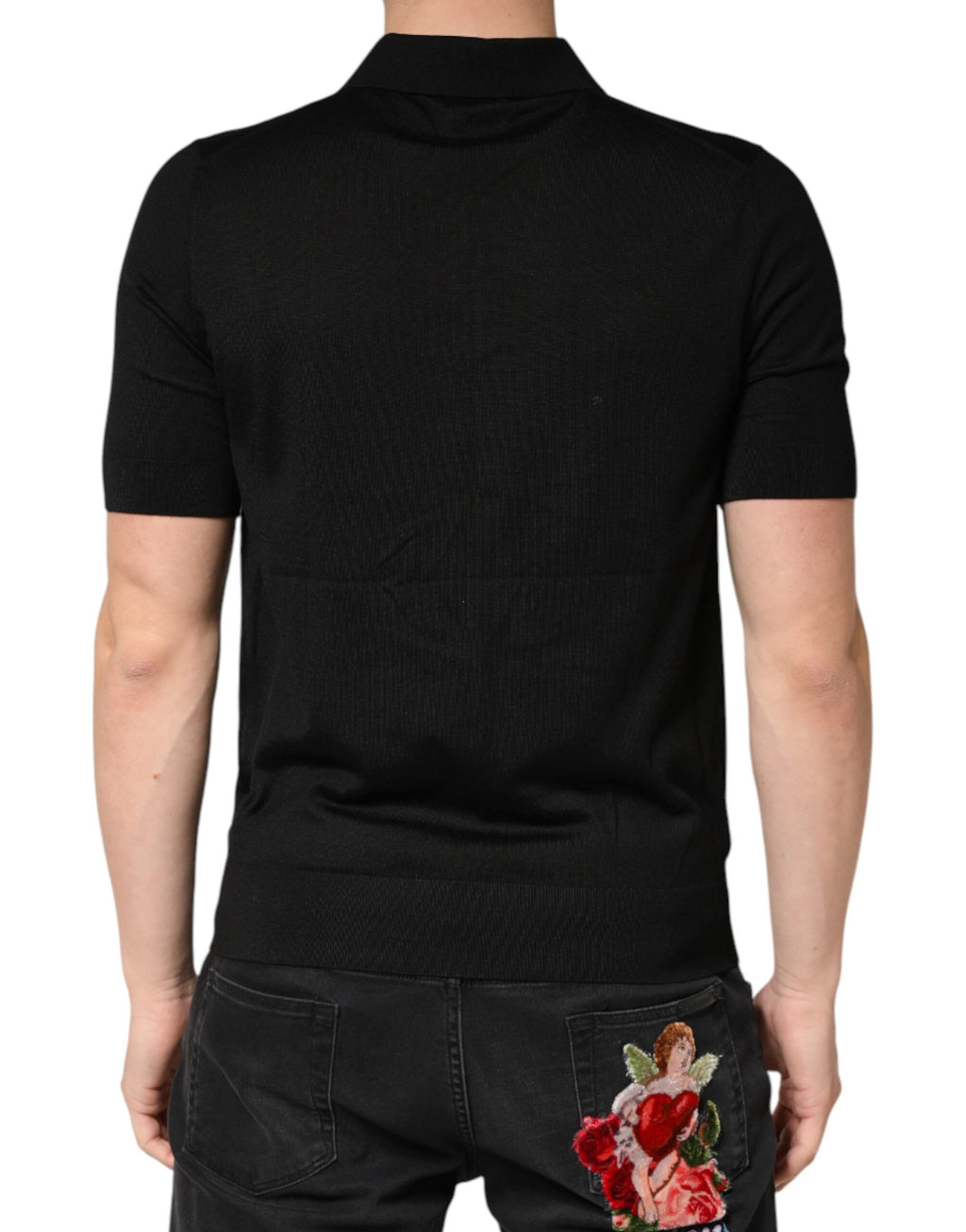 Black Silk Collared Short Sleeve Polo  T-shirt