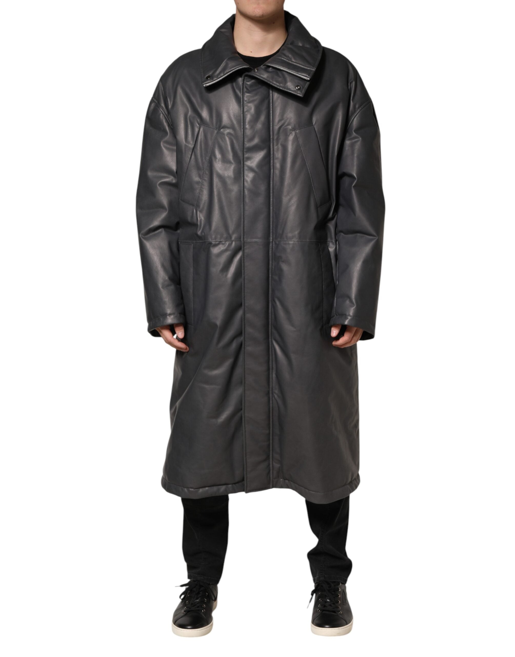 Black Leather Collared Trench Coat Jacket
